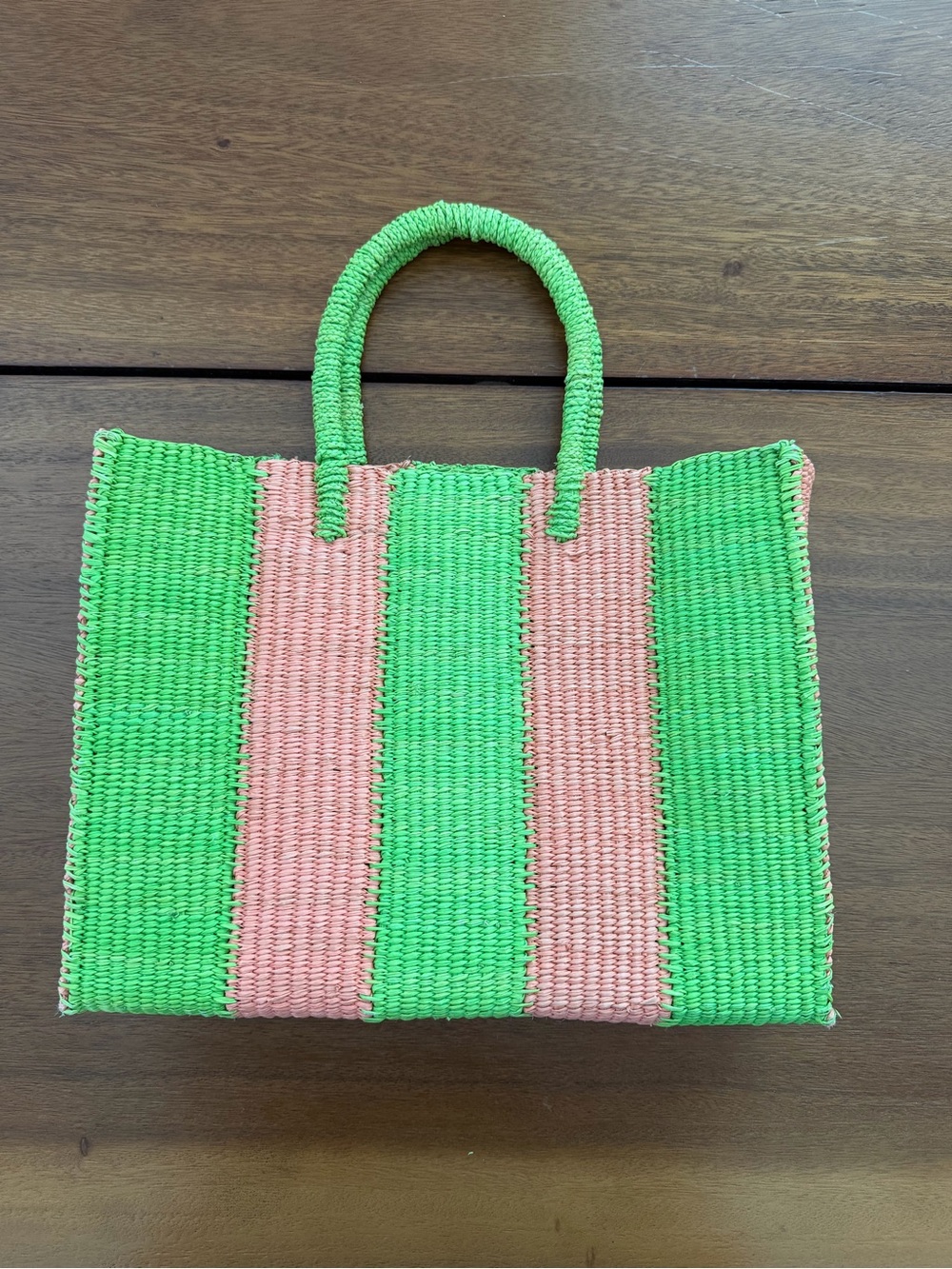 Pink and Green Striped Woven Summer Tote